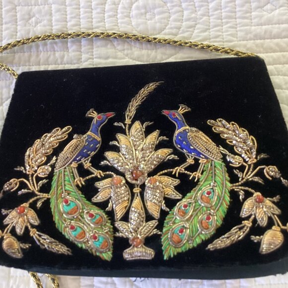 Vintage Zardozi Black Velvet Bag Clutch Gold Embroidery Double Peacock Design In - Picture 13 of 16